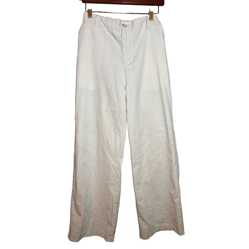VTG Womens M Linen Blend Wide Leg Pants Cream Oatmeal Elastic Waist Trousers